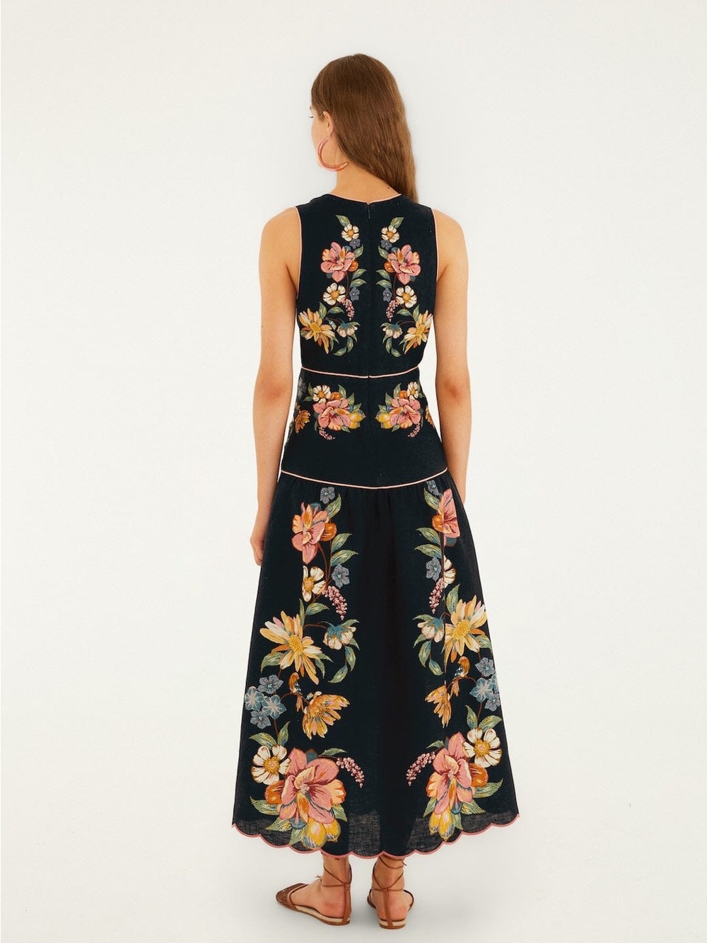 FARM Rio Navy Midi Dress with Pink and Yellow Floral Embroidery - Picture 3 of 16